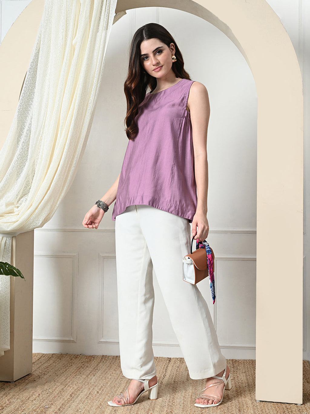 Myshka Women's Solid Embellished Sleeveless Casual Tops In Lavender Color | Grocsy