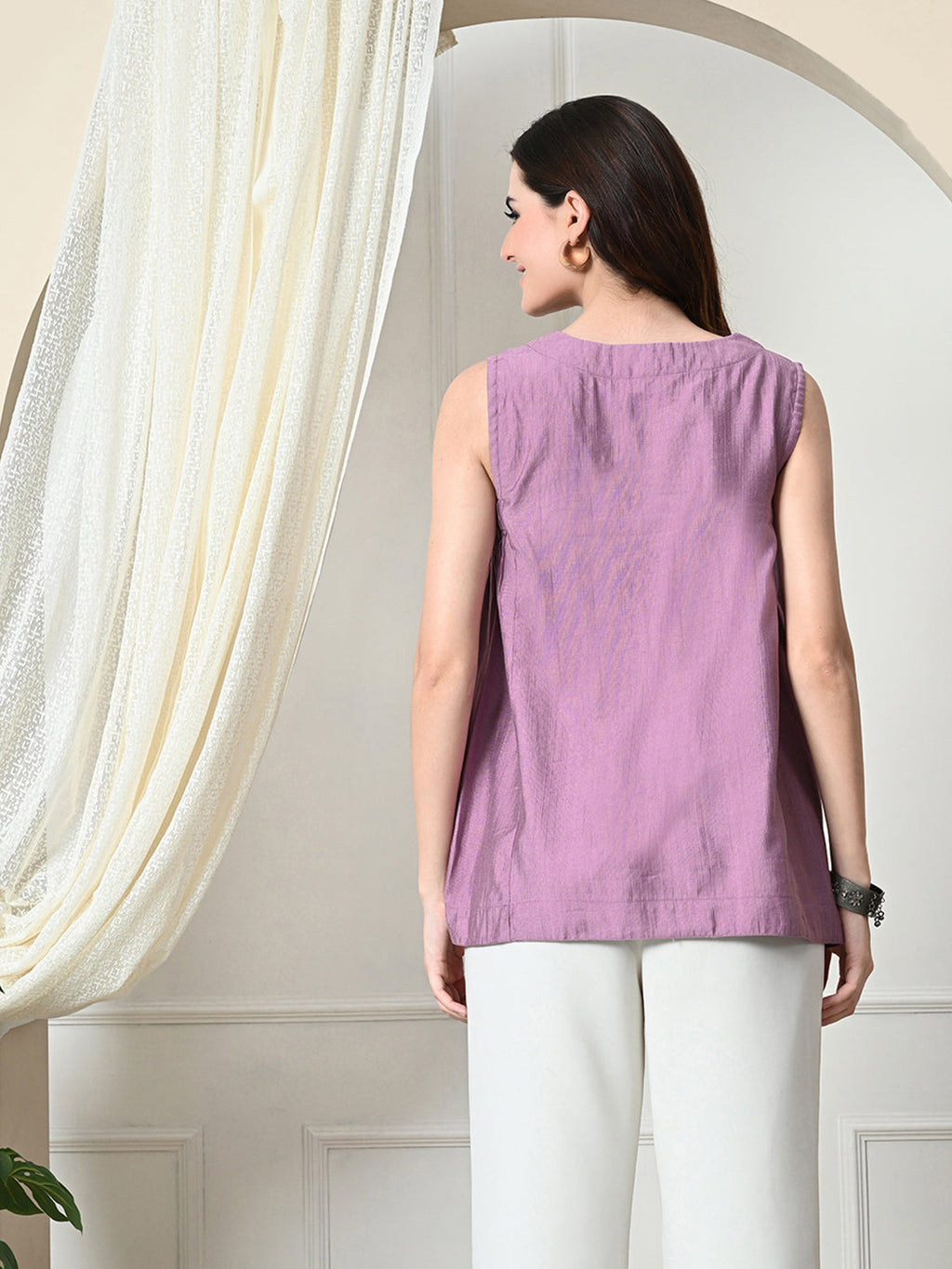 Myshka Women's Solid Embellished Sleeveless Casual Tops In Lavender Color | Grocsy
