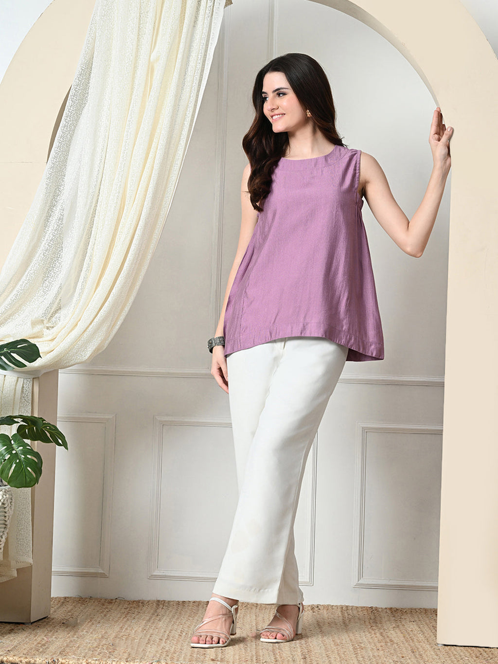 Myshka Women's Solid Embellished Sleeveless Casual Tops In Lavender Color | Grocsy