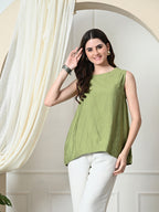 Myshka Women's Solid Embellished Sleeveless Casual Tops In Green Color | Grocsy