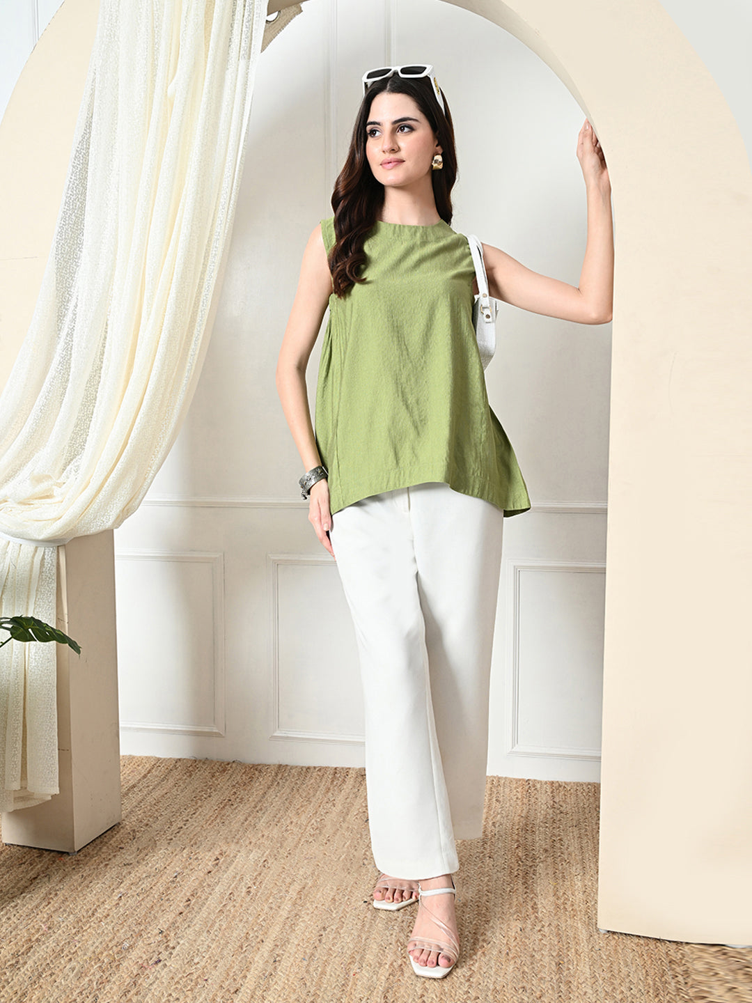 Myshka Women's Solid Embellished Sleeveless Casual Tops In Green Color | Grocsy