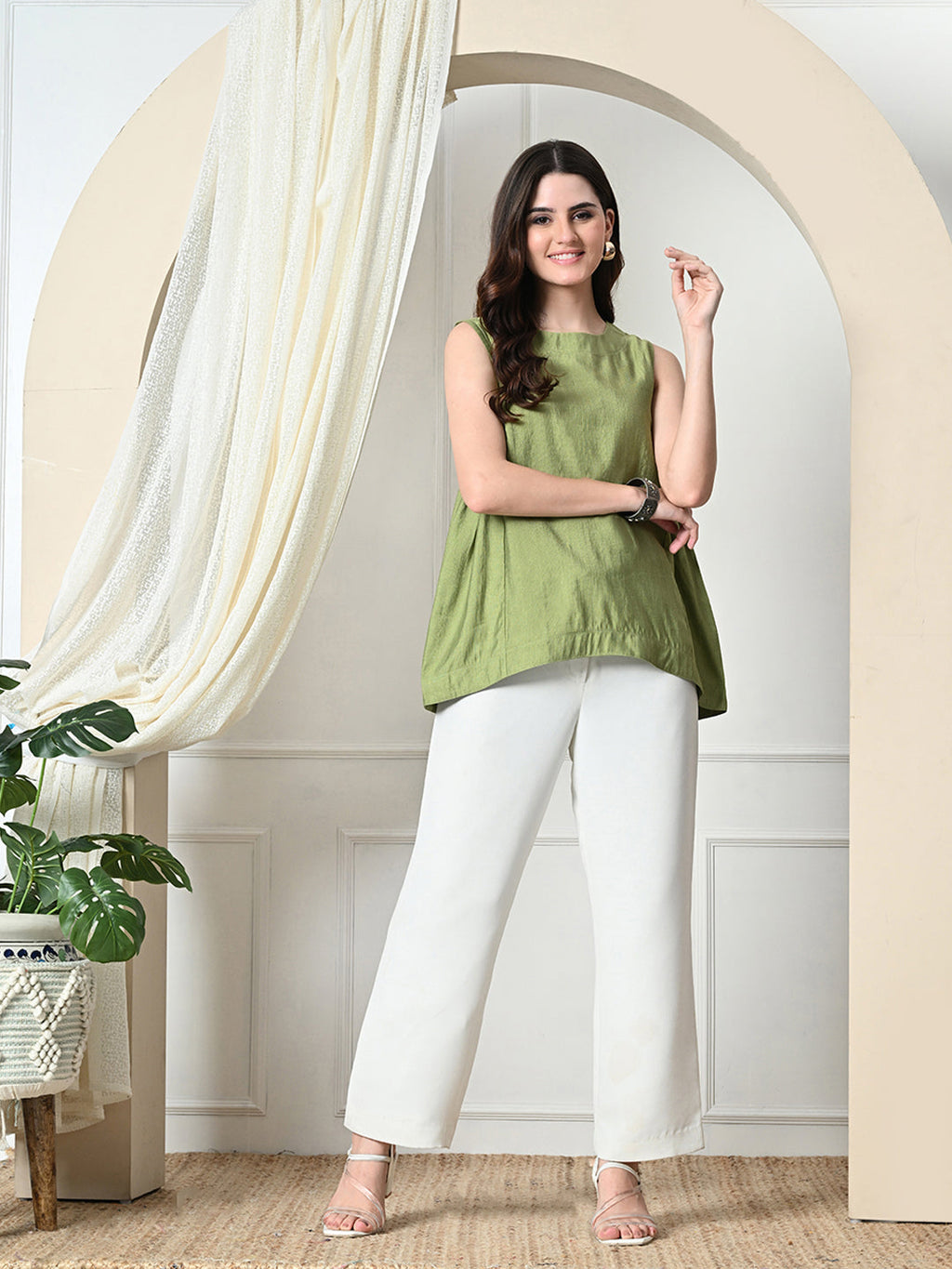Myshka Women's Solid Embellished Sleeveless Casual Tops In Green Color | Grocsy