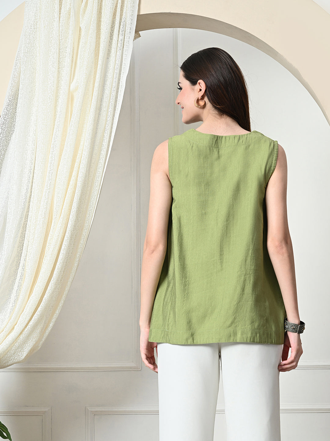 Myshka Women's Solid Embellished Sleeveless Casual Tops In Green Color | Grocsy