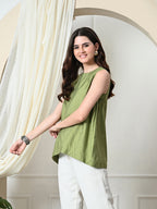 Myshka Women's Solid Embellished Sleeveless Casual Tops In Green Color | Grocsy
