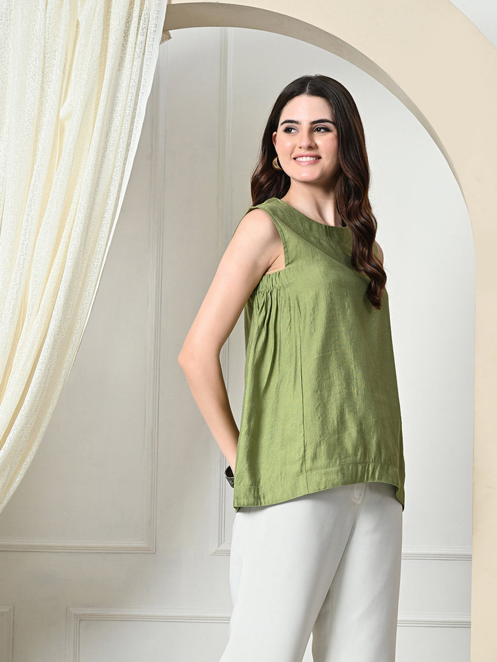 Myshka Women's Solid Embellished Sleeveless Casual Tops In Green Color | Grocsy