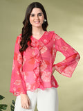 Myshka Women's Printed Georgette Embellished Long Sleeves Casual Tops In Pink Color | Grocsy