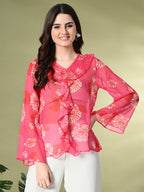 Myshka Women's Printed Georgette Embellished Long Sleeves Casual Tops In Pink Color | Grocsy