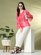 Myshka Women's Printed Georgette Embellished Long Sleeves Casual Tops In Pink Color | Grocsy