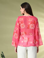 Myshka Women's Printed Georgette Embellished Long Sleeves Casual Tops In Pink Color | Grocsy