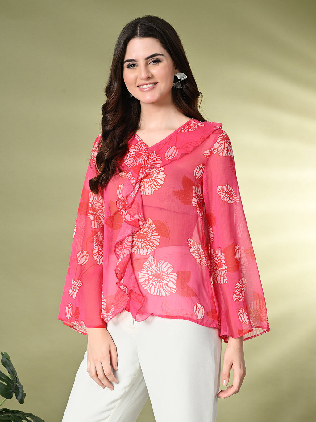 Myshka Women's Printed Georgette Embellished Long Sleeves Casual Tops In Pink Color | Grocsy