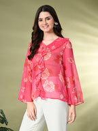 Myshka Women's Printed Georgette Embellished Long Sleeves Casual Tops In Pink Color | Grocsy