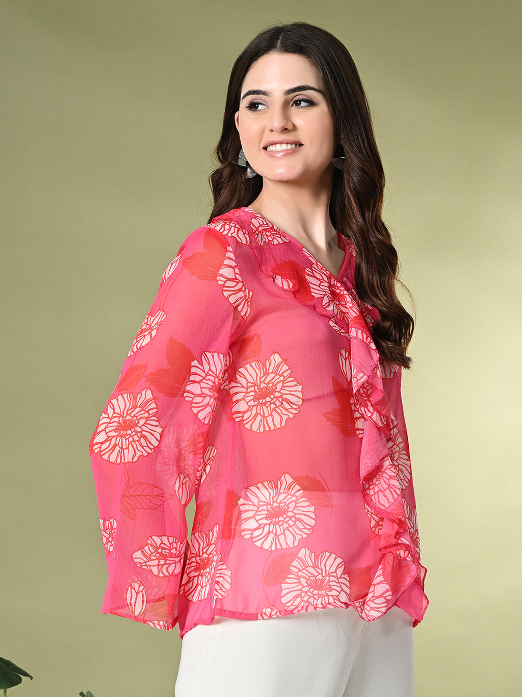 Myshka Women's Printed Georgette Embellished Long Sleeves Casual Tops In Pink Color | Grocsy