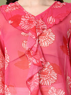 Myshka Women's Printed Georgette Embellished Long Sleeves Casual Tops In Pink Color | Grocsy