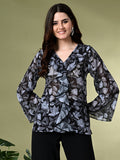 Myshka Women's Printed Georgette Embellished Long Sleeves Casual Tops In Black Color | Grocsy