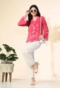 Myshka Women's Printed Georgette Embellished Long Sleeves Casual Tops In Pink Color | Grocsy