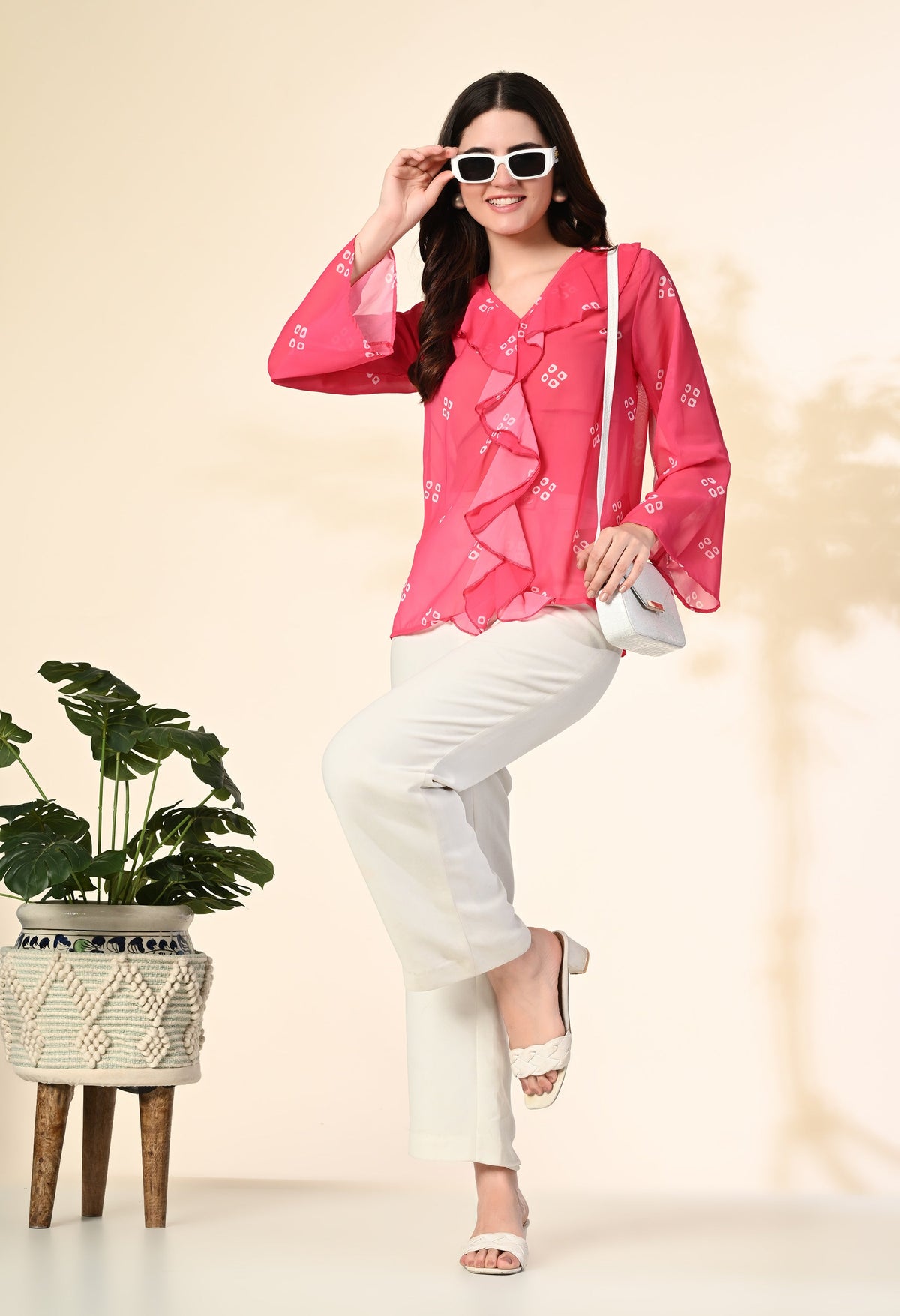 Myshka Women's Printed Georgette Embellished Long Sleeves Casual Tops In Pink Color | Grocsy