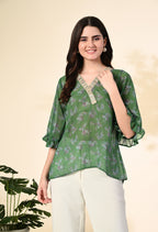Myshka Women's Printed Georgette Embellished Bell Sleeves Party Tops In Green Color | Grocsy