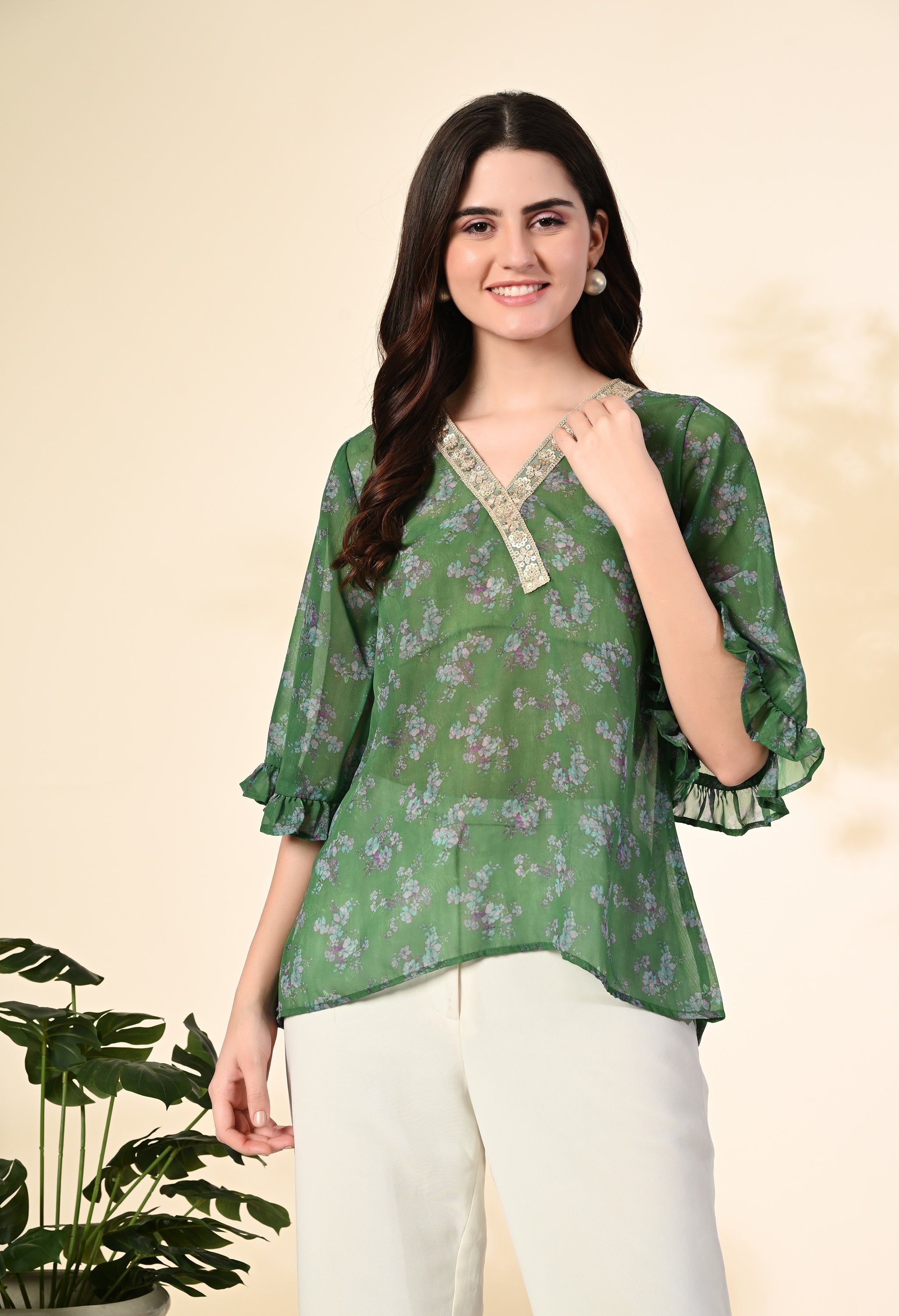 Myshka Women's Printed Georgette Embellished Bell Sleeves Party Tops In Green Color | Grocsy