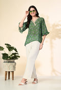 Myshka Women's Printed Georgette Embellished Bell Sleeves Party Tops In Green Color | Grocsy
