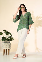 Myshka Women's Printed Georgette Embellished Bell Sleeves Party Tops In Green Color | Grocsy