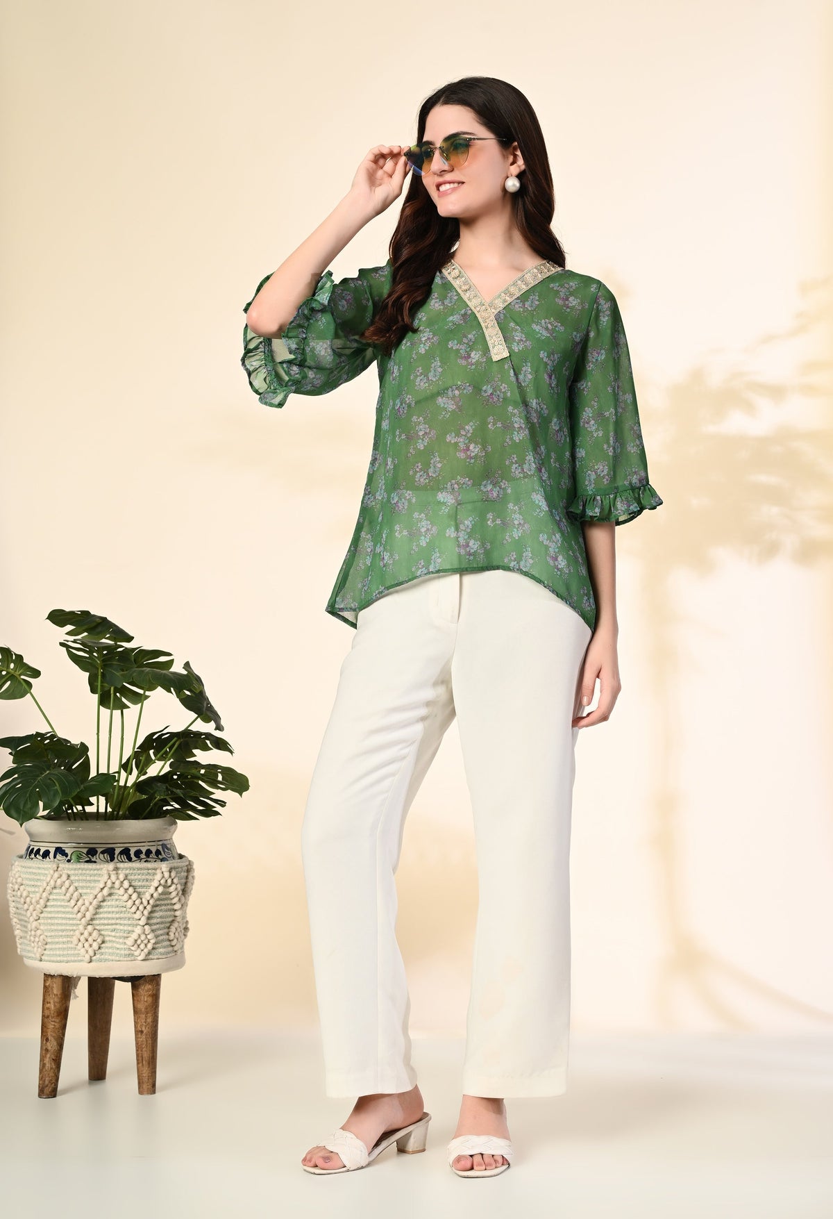 Myshka Women's Printed Georgette Embellished Bell Sleeves Party Tops In Green Color | Grocsy
