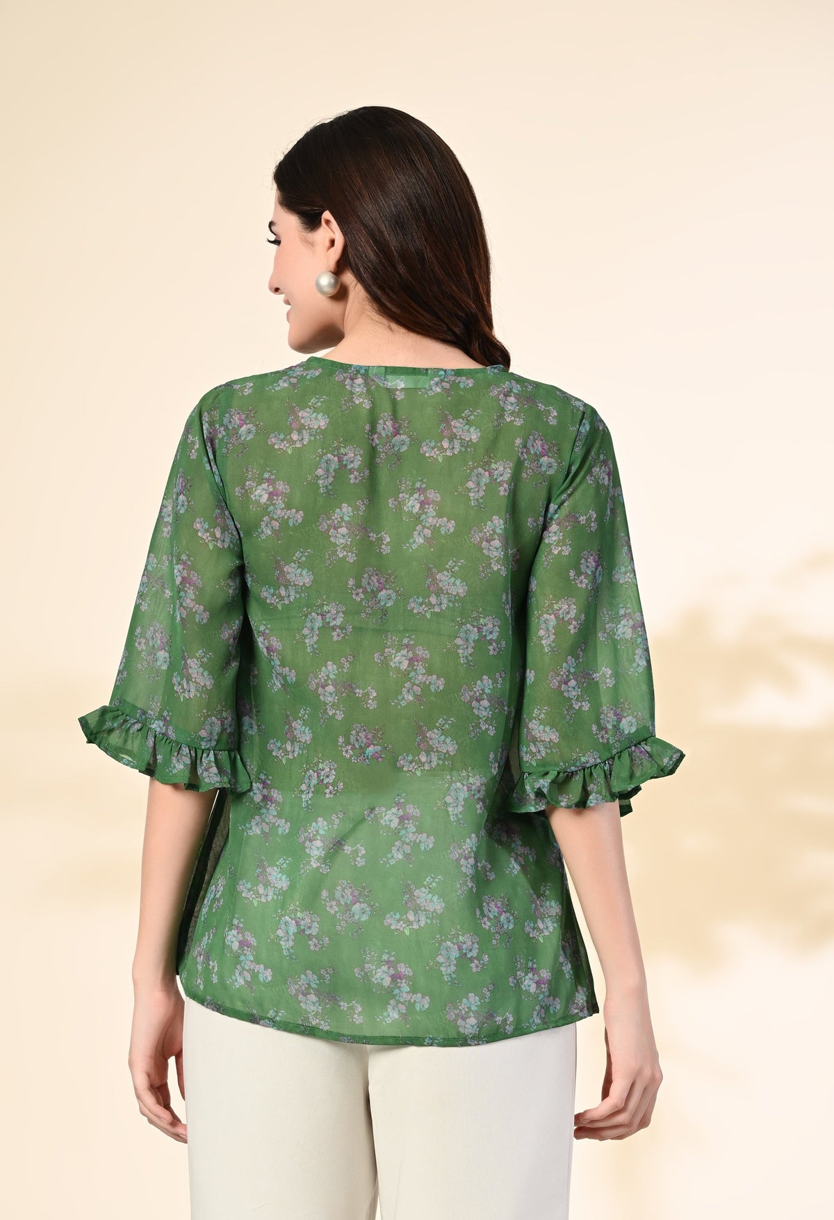 Myshka Women's Printed Georgette Embellished Bell Sleeves Party Tops In Green Color | Grocsy