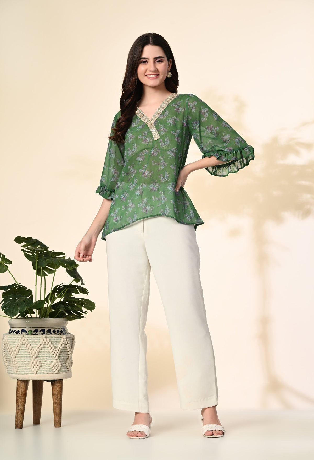 Myshka Women's Printed Georgette Embellished Bell Sleeves Party Tops In Green Color | Grocsy