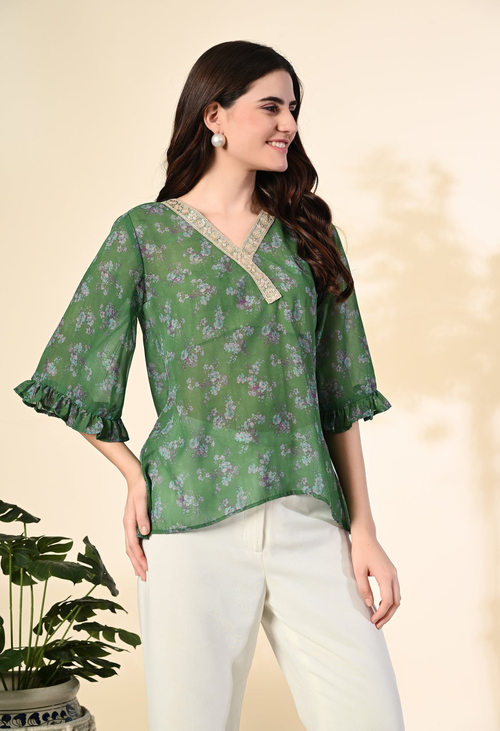 Myshka Women's Printed Georgette Embellished Bell Sleeves Party Tops In Green Color | Grocsy