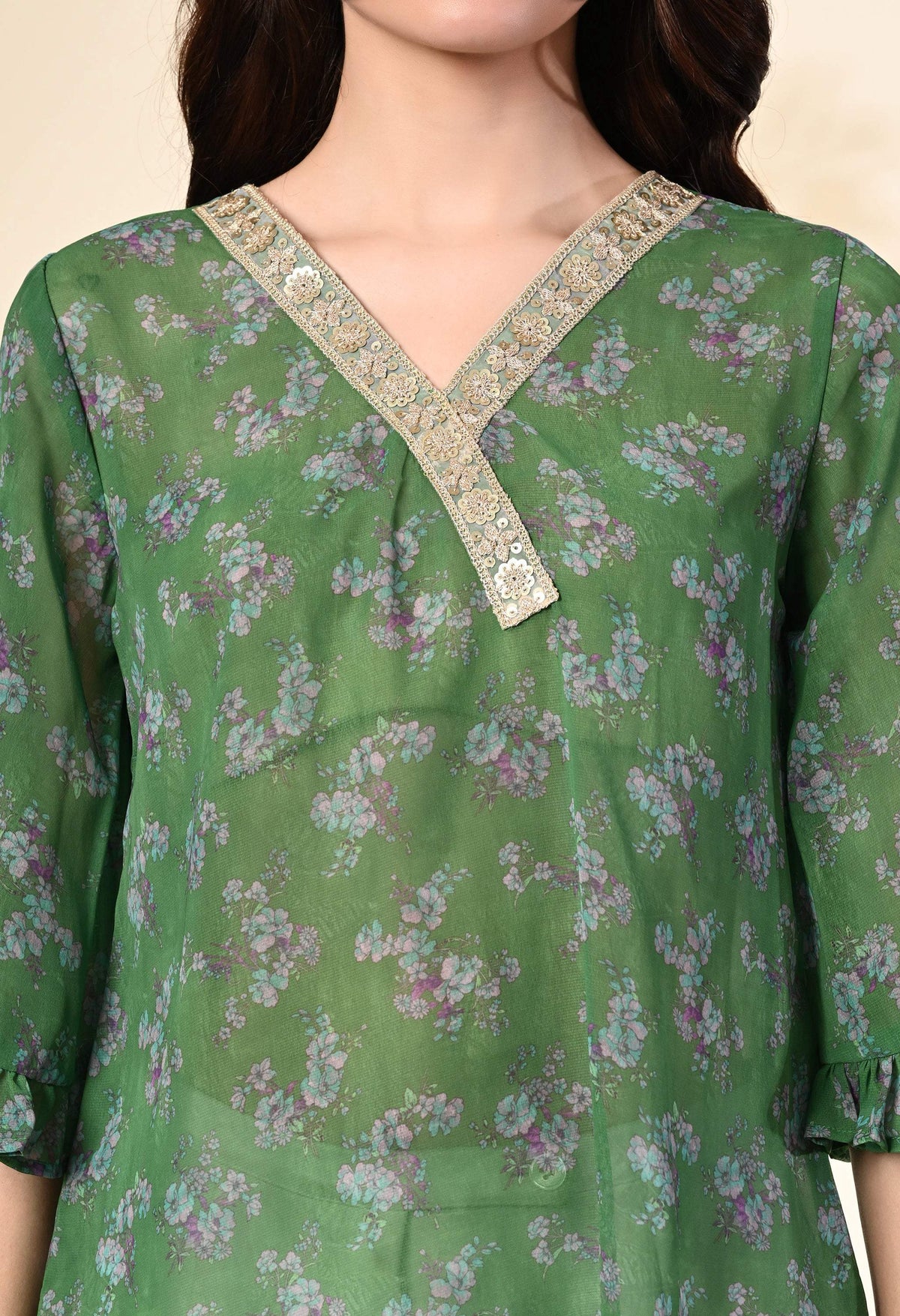 Myshka Women's Printed Georgette Embellished Bell Sleeves Party Tops In Green Color | Grocsy
