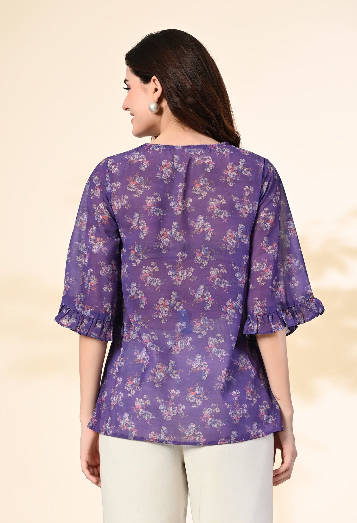 Myshka Women's Printed Georgette Embellished Bell Sleeves Party Tops In Purple Color | Grocsy