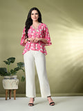 Myshka Women's Printed Georgette Embellished Bell Sleeves Party Tops In Pink Color | Grocsy