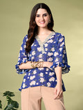 Myshka Women's Printed Georgette Embellished Bell Sleeves Party Tops In Blue Color | Grocsy
