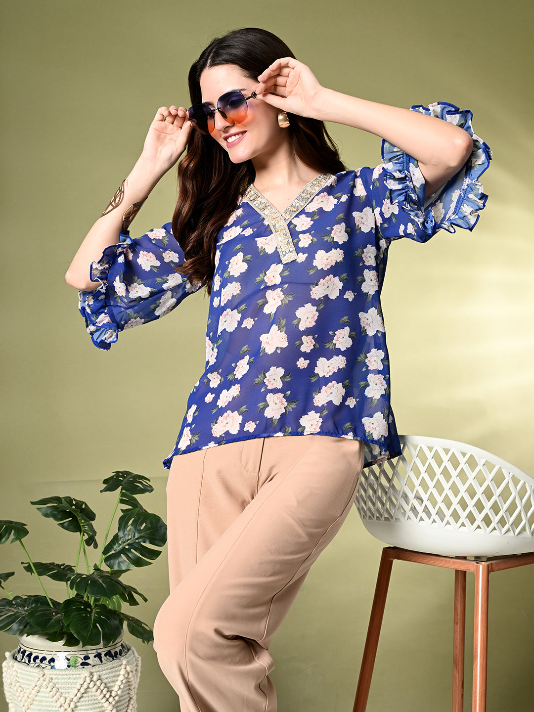 Myshka Women's Printed Georgette Embellished Bell Sleeves Party Tops In Blue Color | Grocsy