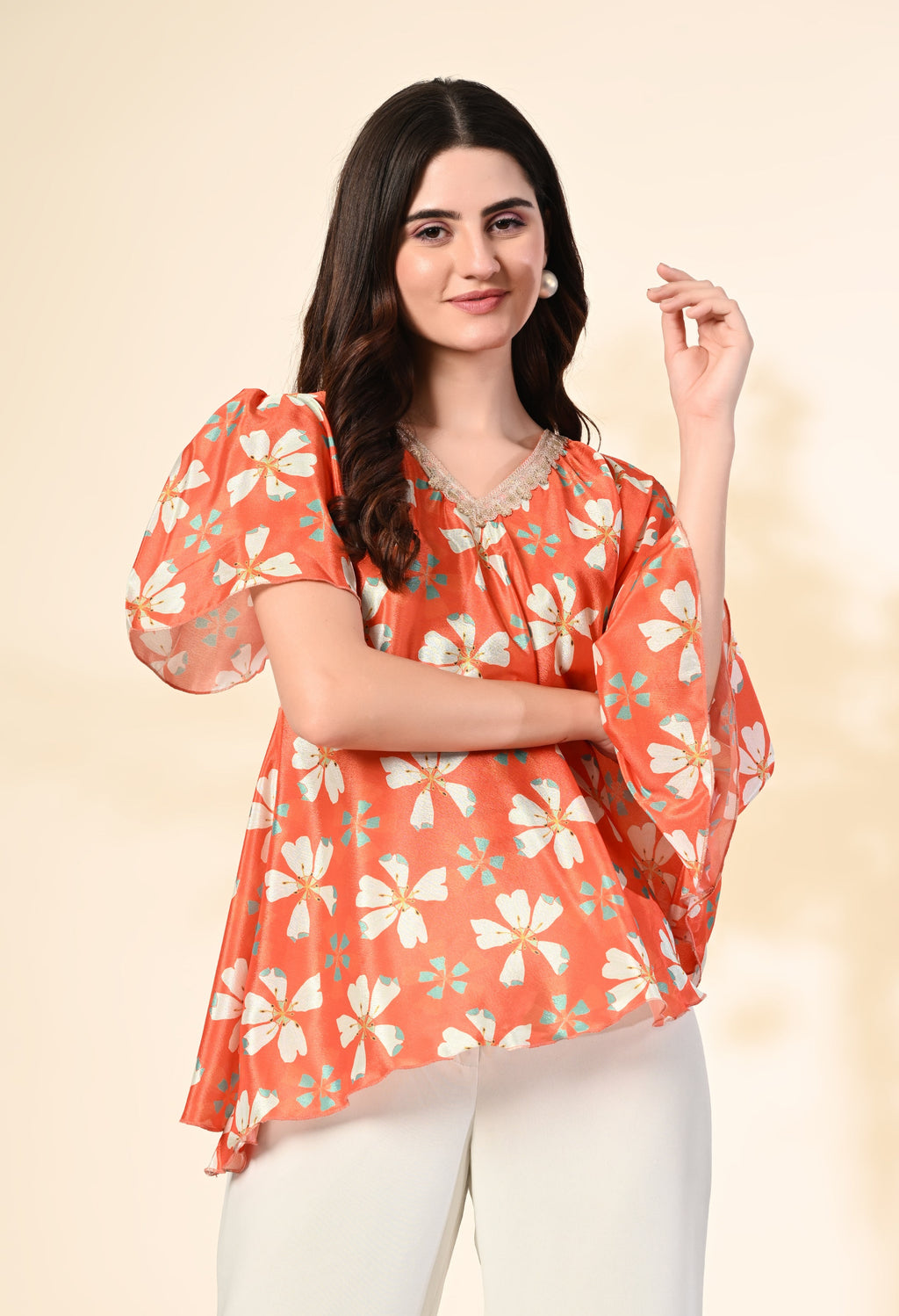 Myshka Women's Printed Chinon Kaftan Style Flayerd Sleeves Party Tops In Orange Color | Grocsy