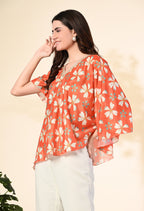 Myshka Women's Printed Chinon Kaftan Style Flayerd Sleeves Party Tops In Orange Color | Grocsy