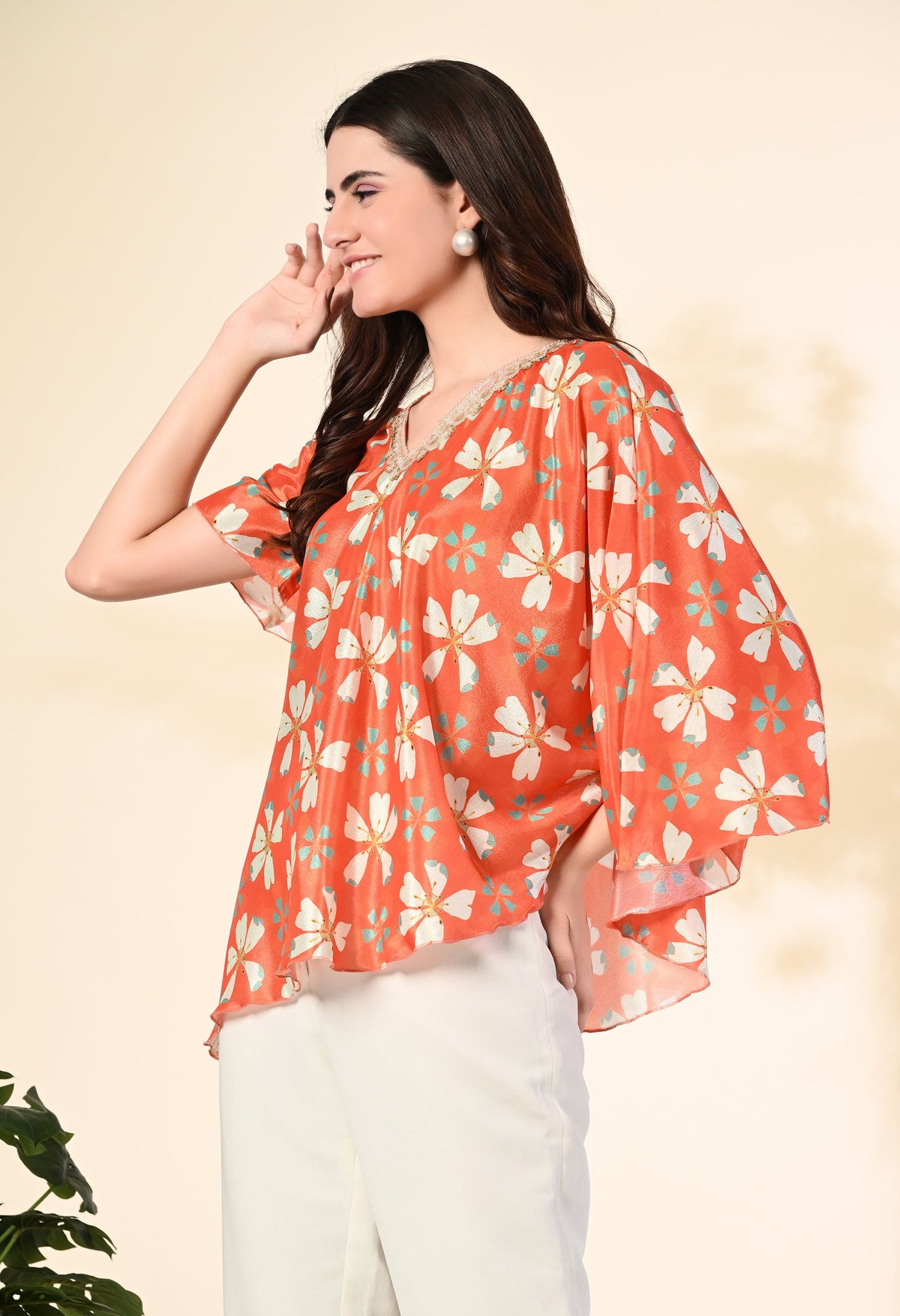 Myshka Women's Printed Chinon Kaftan Style Flayerd Sleeves Party Tops In Orange Color | Grocsy