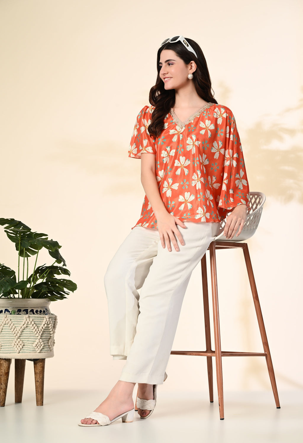 Myshka Women's Printed Chinon Kaftan Style Flayerd Sleeves Party Tops In Orange Color | Grocsy