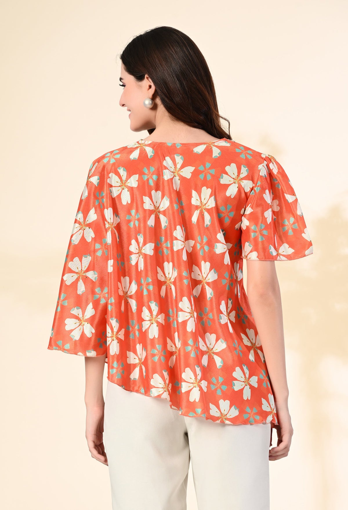 Myshka Women's Printed Chinon Kaftan Style Flayerd Sleeves Party Tops In Orange Color | Grocsy