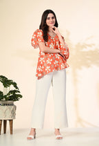 Myshka Women's Printed Chinon Kaftan Style Flayerd Sleeves Party Tops In Orange Color | Grocsy