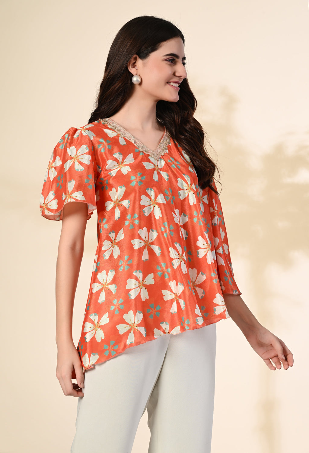 Myshka Women's Printed Chinon Kaftan Style Flayerd Sleeves Party Tops In Orange Color | Grocsy