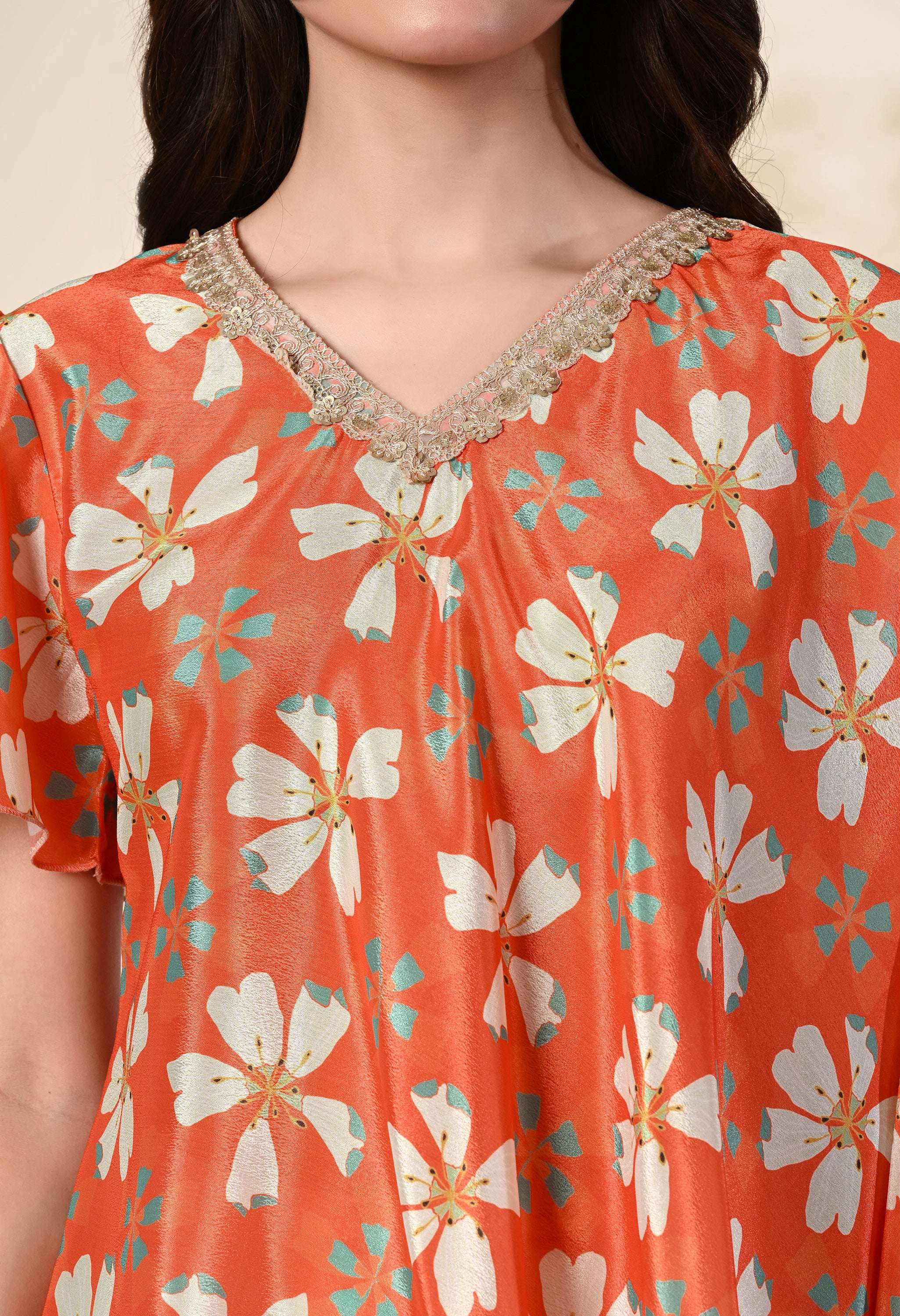 Myshka Women's Printed Chinon Kaftan Style Flayerd Sleeves Party Tops In Orange Color | Grocsy