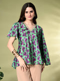 Myshka Women's Printed Chinon Kaftan Style Flayerd Sleeves Party Tops In Green Color | Grocsy