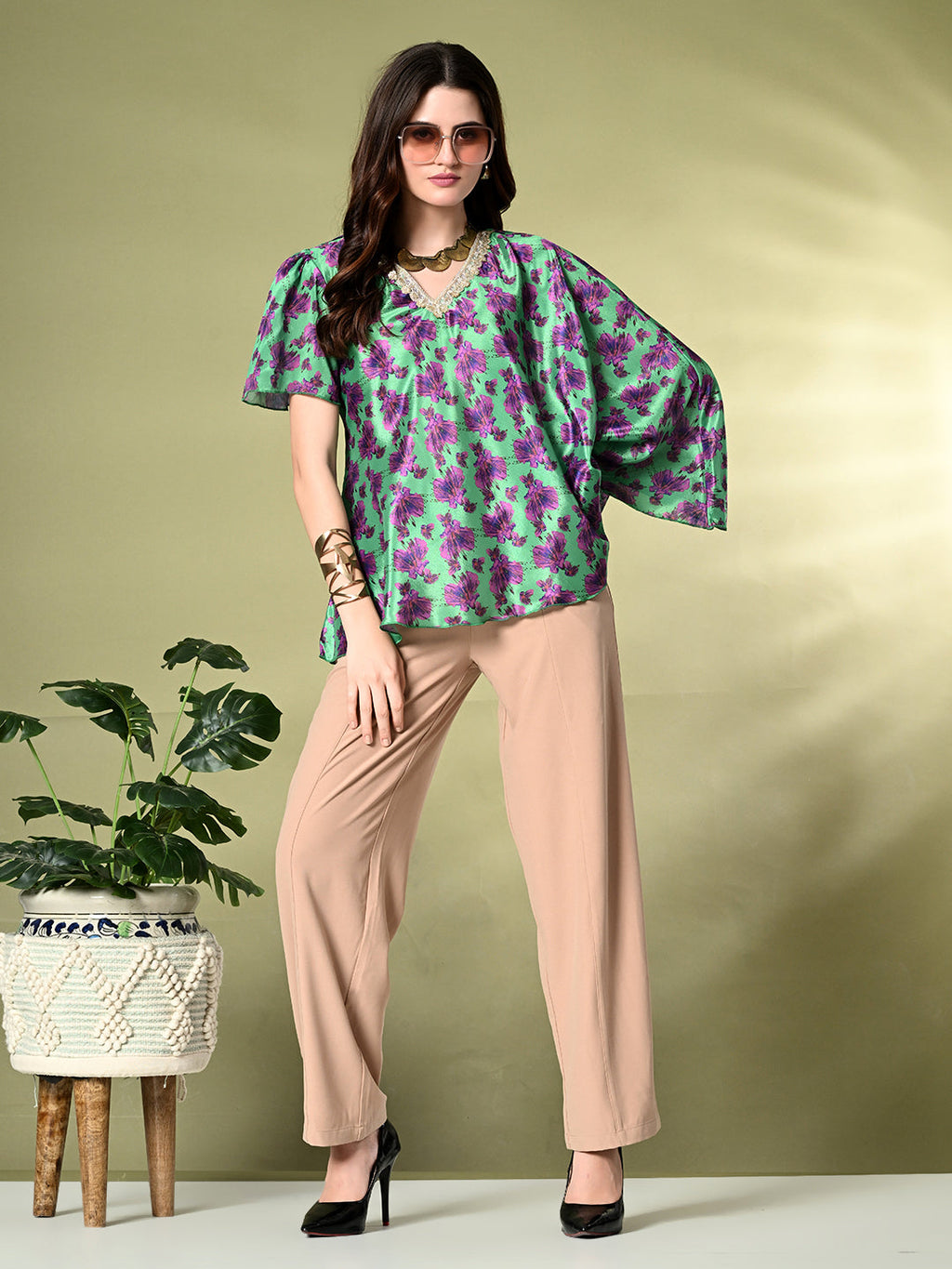 Myshka Women's Printed Chinon Kaftan Style Flayerd Sleeves Party Tops In Green Color | Grocsy