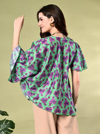 Myshka Women's Printed Chinon Kaftan Style Flayerd Sleeves Party Tops In Green Color | Grocsy