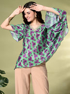Myshka Women's Printed Chinon Kaftan Style Flayerd Sleeves Party Tops In Green Color | Grocsy