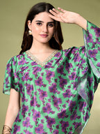 Myshka Women's Printed Chinon Kaftan Style Flayerd Sleeves Party Tops In Green Color | Grocsy