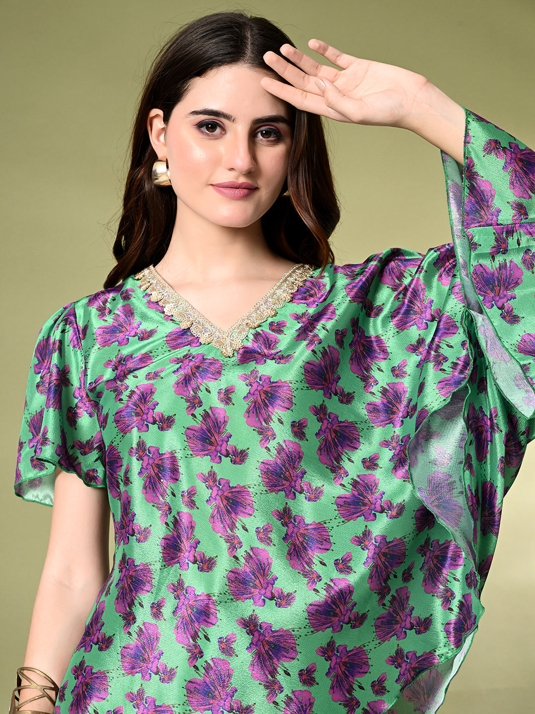 Myshka Women's Printed Chinon Kaftan Style Flayerd Sleeves Party Tops In Green Color | Grocsy