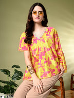 Myshka Women's Printed Chinon Kaftan Style Flayerd Sleeves Party Tops In Yellow Color | Grocsy