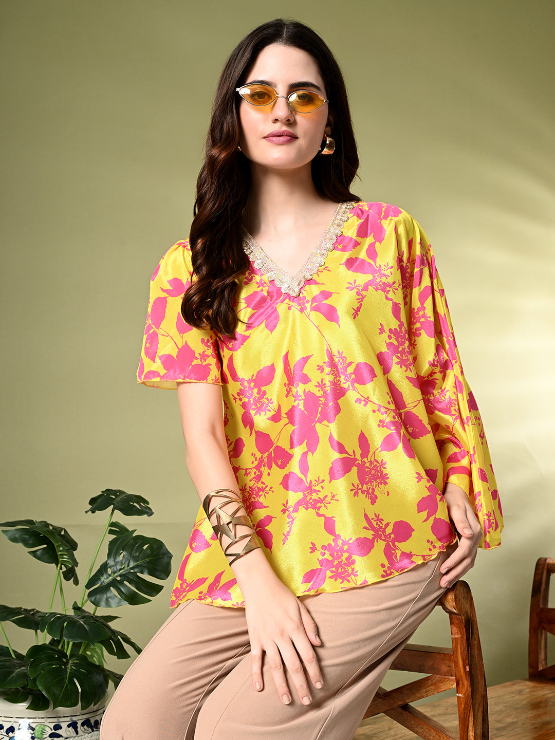Myshka Women's Printed Chinon Kaftan Style Flayerd Sleeves Party Tops In Yellow Color | Grocsy