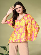 Myshka Women's Printed Chinon Kaftan Style Flayerd Sleeves Party Tops In Yellow Color | Grocsy